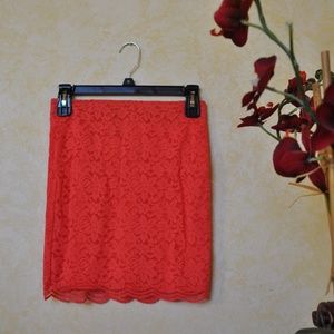 NWOT Neon Coral Pink Orange Lace Bodycon Skirt